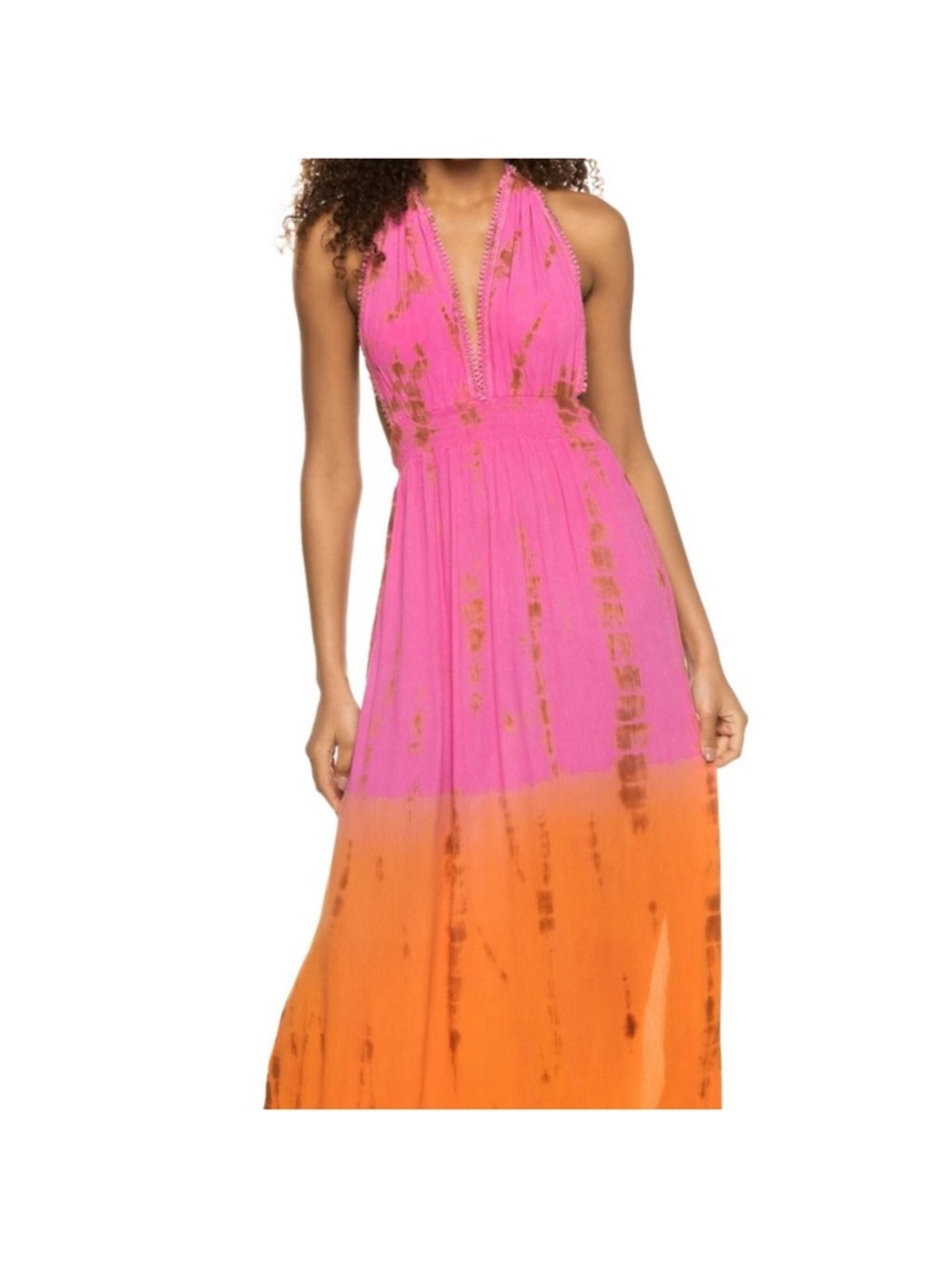 Tiare Hawaii Pink and Orange Halter Tie-Dye Maxi Dress